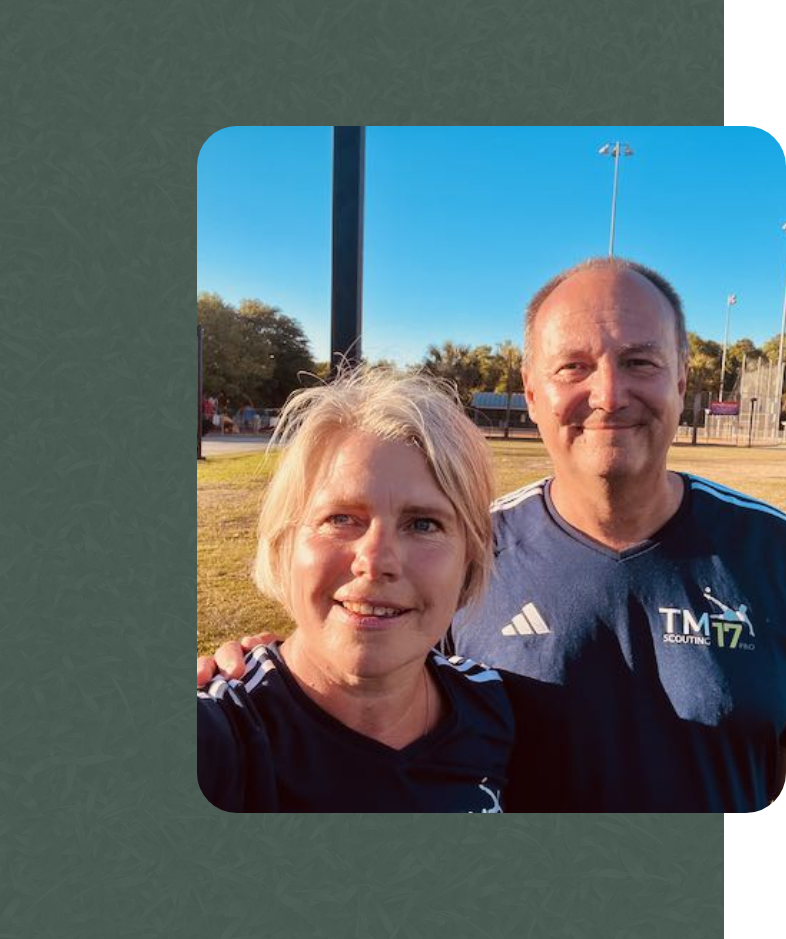 Mirko and Marion Dieseler at a soccer field in Charleston, SC, wearing TM17pro jerseys.